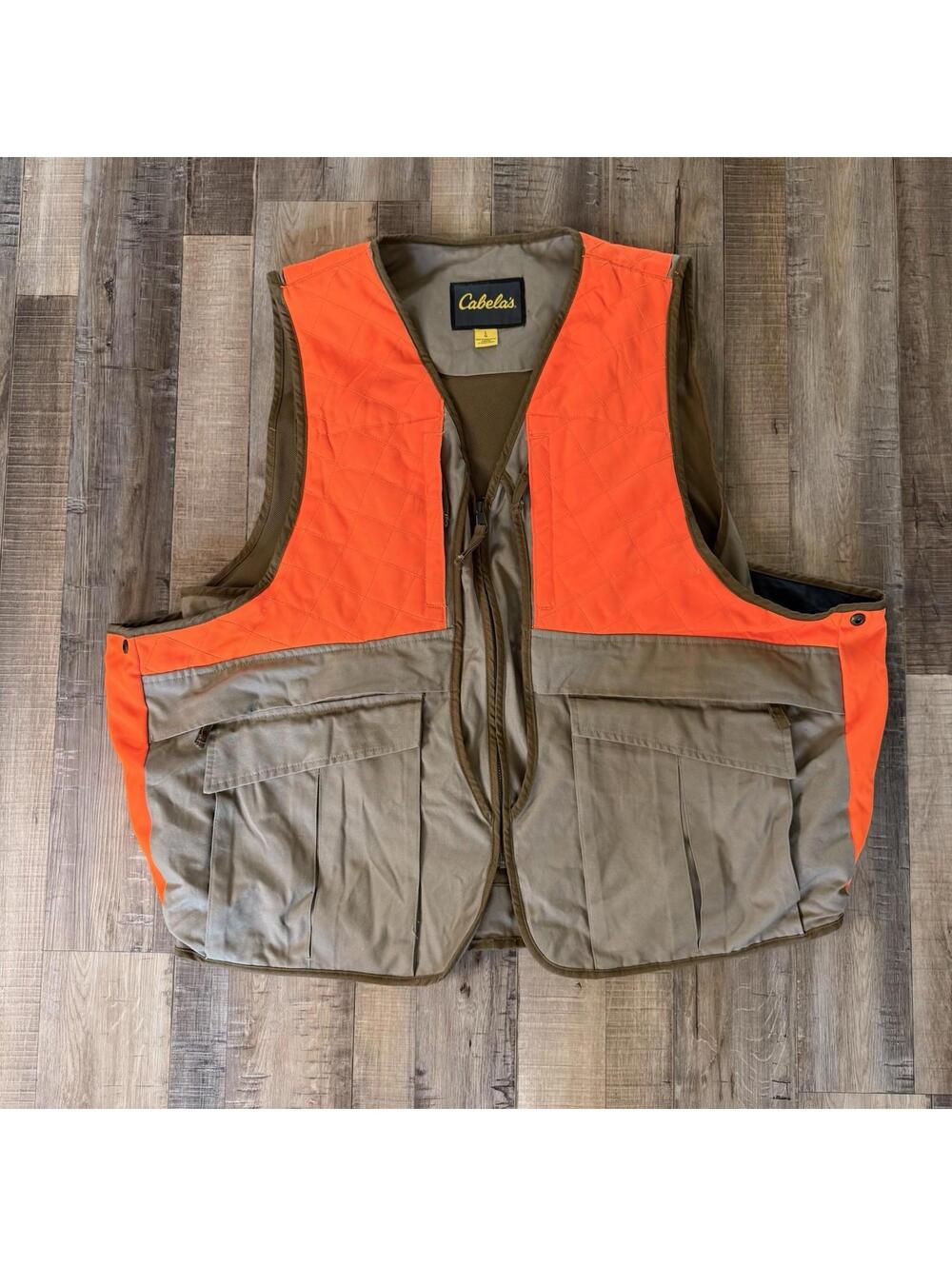Cabelas Vest Hunting Fishing Mens L Khaki Orange Game Pouch Zip Pockets Bird